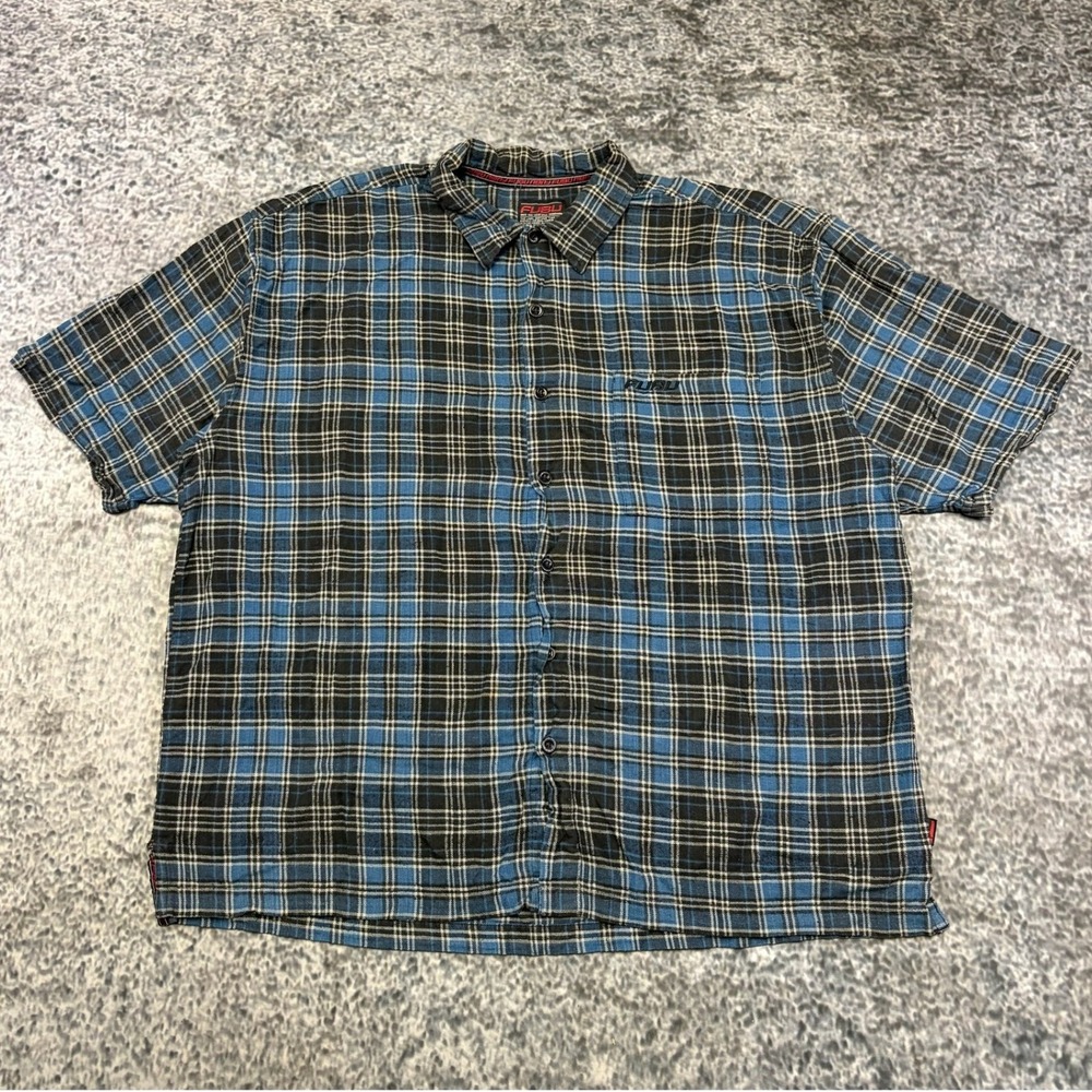 Vintage FUBU Plaid Shirt Button Down Short Sleeve Mens XXL Black Blue Streetwear